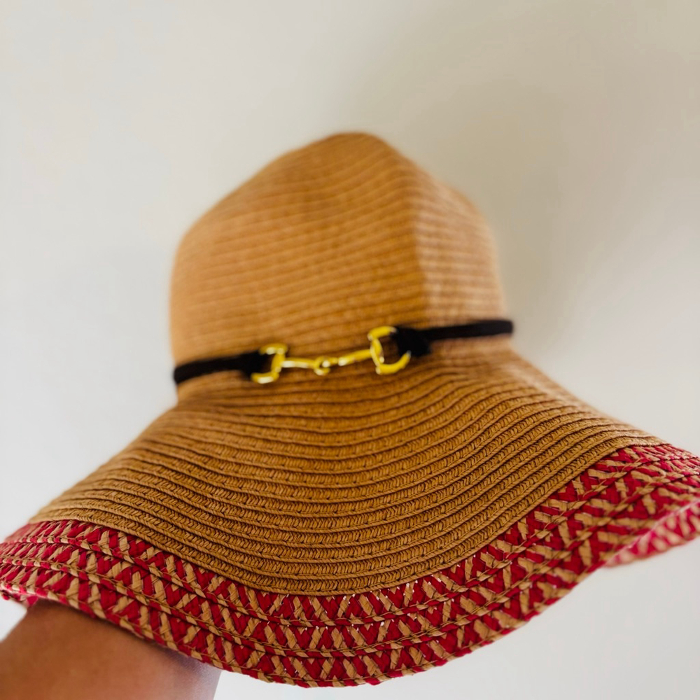Boho Beige Red Straw Sun Hat One Size - Picture 1 of 6